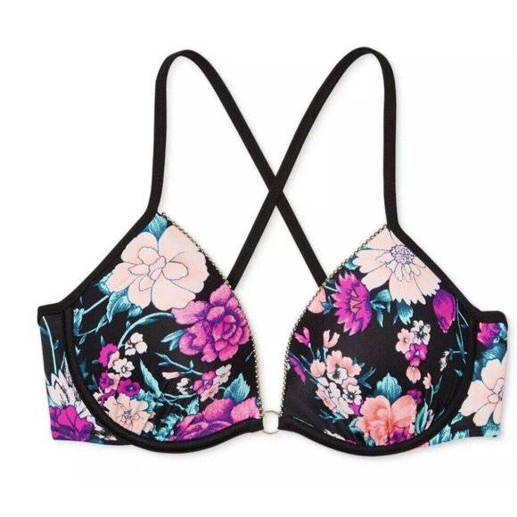 NWOT Shade & Shore 34C Light Lift Tie-back Black Floral Swim Top #87882 - Picture 2 of 3